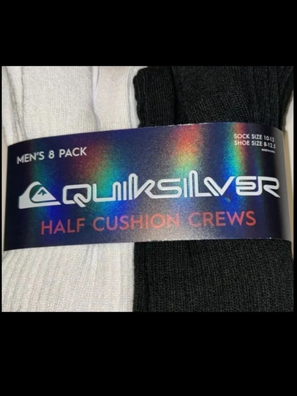 Quicksilver Crew Socks 8 Pair Men's 8-12.5 Black White w Logo Surf Ride NEW Cush